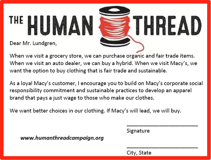 Human Thread Campaign postcard to Macy's