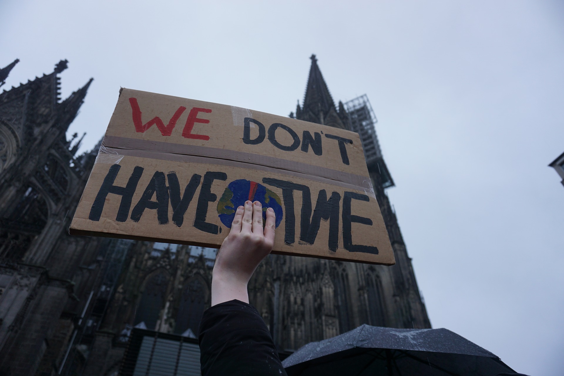 "We don't have time" sign at a Fridays for the Future climate strike. Photo available in public domain on Pixabay.